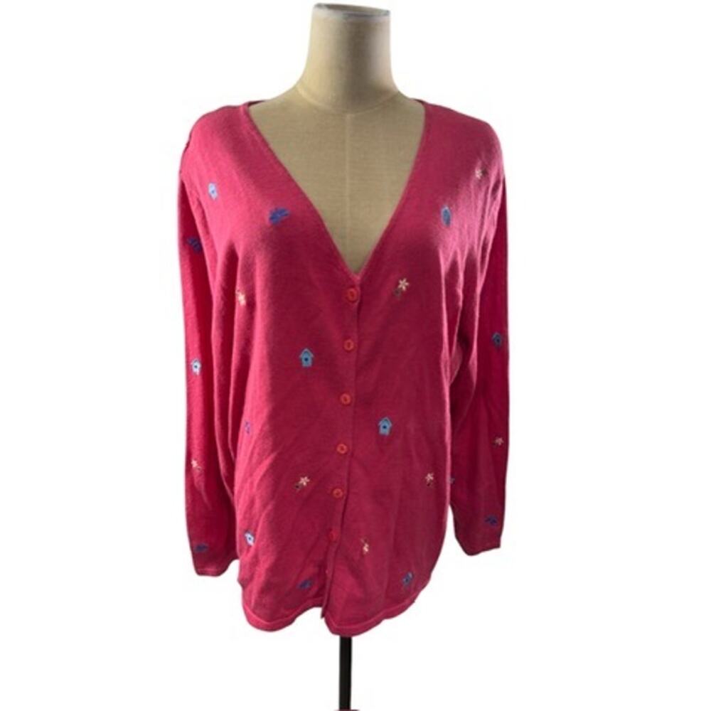 "C.J. BANKS" Pink Button Up Sweater Embroidered Birdhouses & Flowers Grandma Y2K